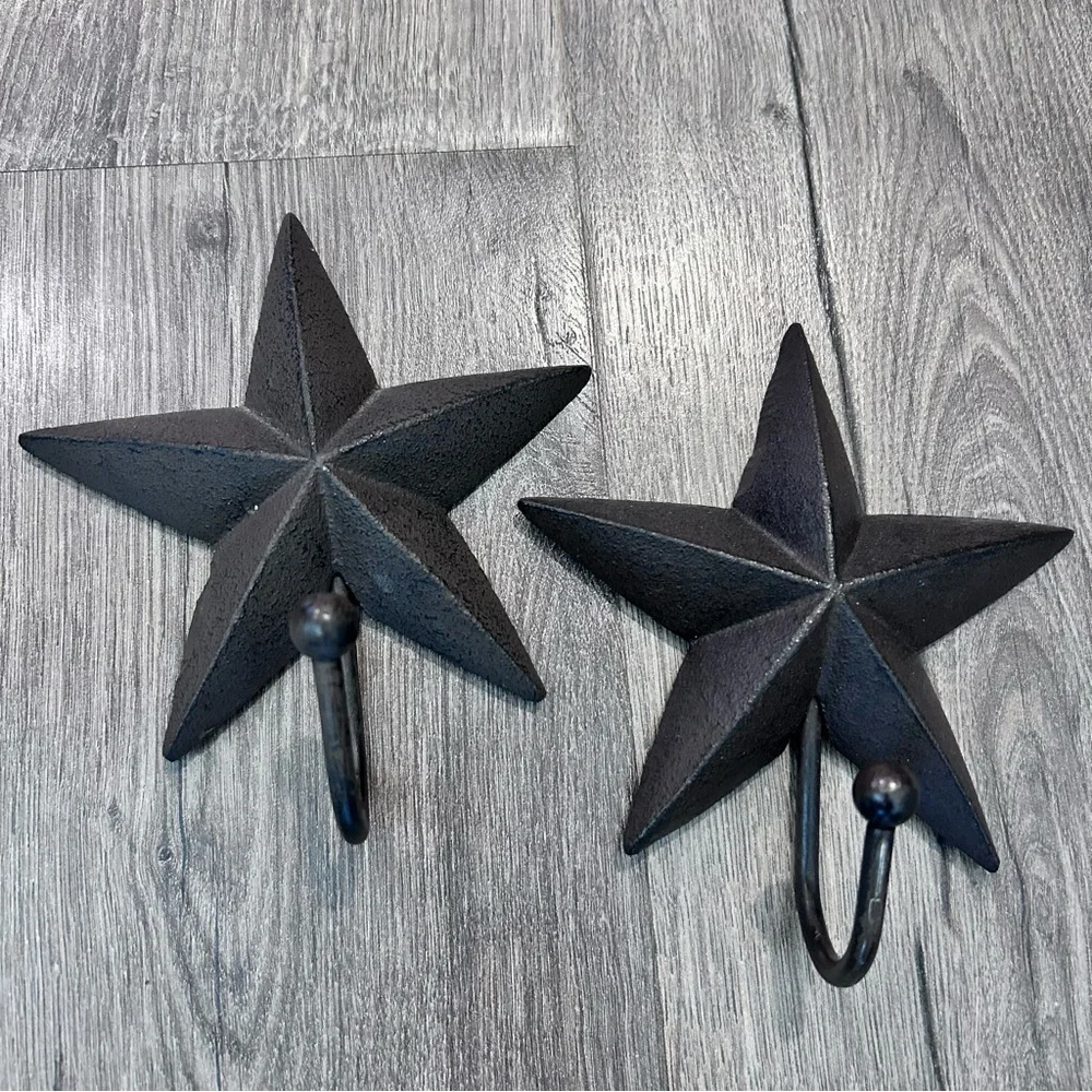 Rustic Texas Star Cast Iron Wall Hooks Western Farmhouse Hanging Decor Set of 2